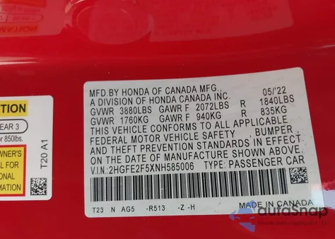 2022 Honda Civic Sport from USA, damaged, VIN 2HGFE2F5XNH585006